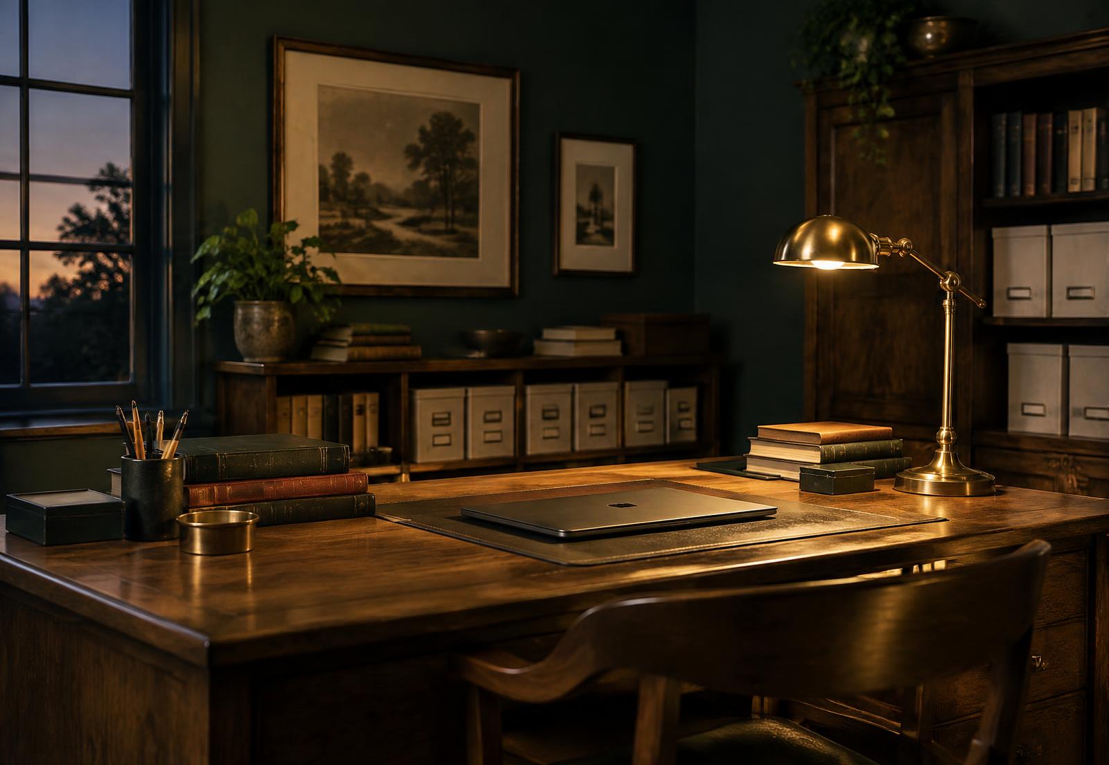 A small business office desk with ledgers and a brass lamp at dusk