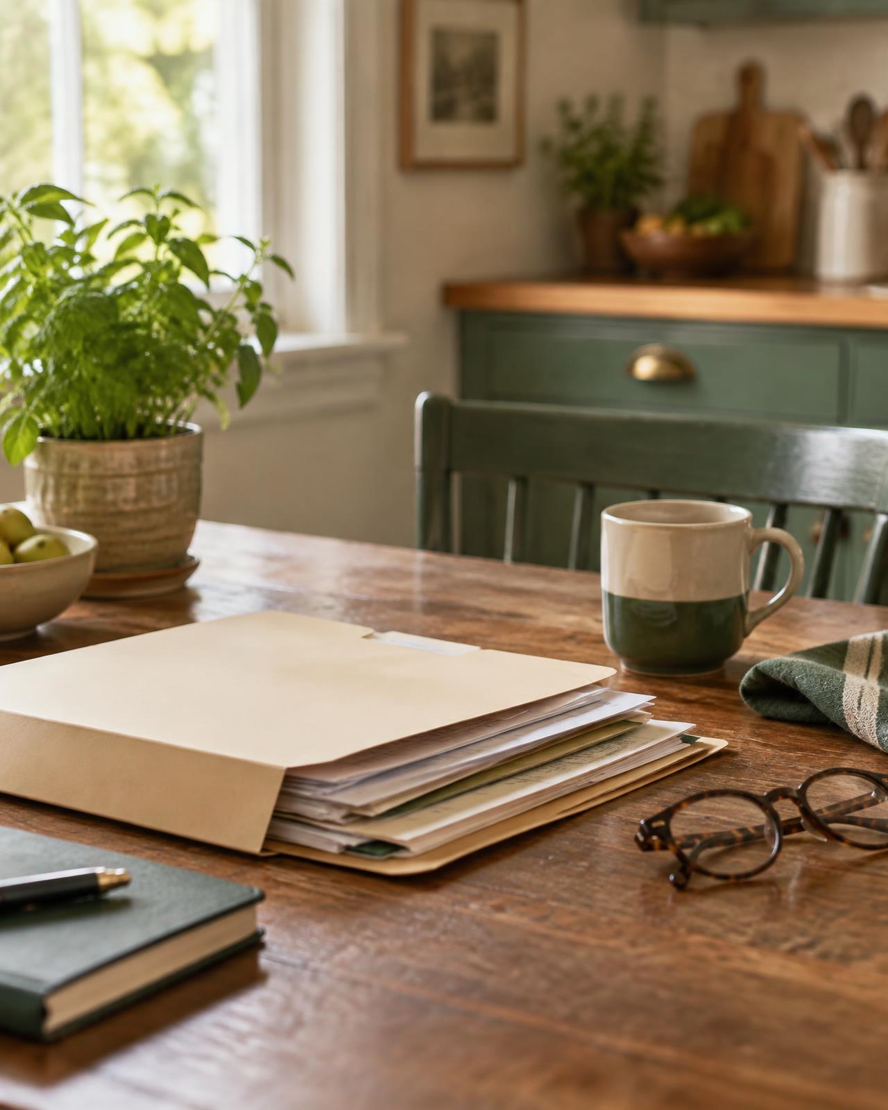 A kitchen table with a folder of household paperwork, glasses and a mug